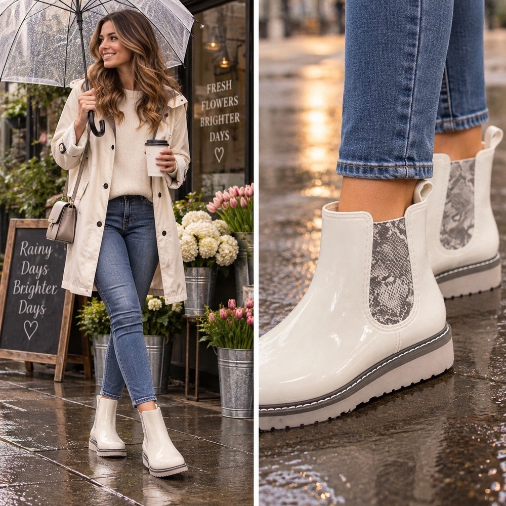 Cougar Kensington White Waterproof Rain Boots Snakeskin Chelsea Womens 7